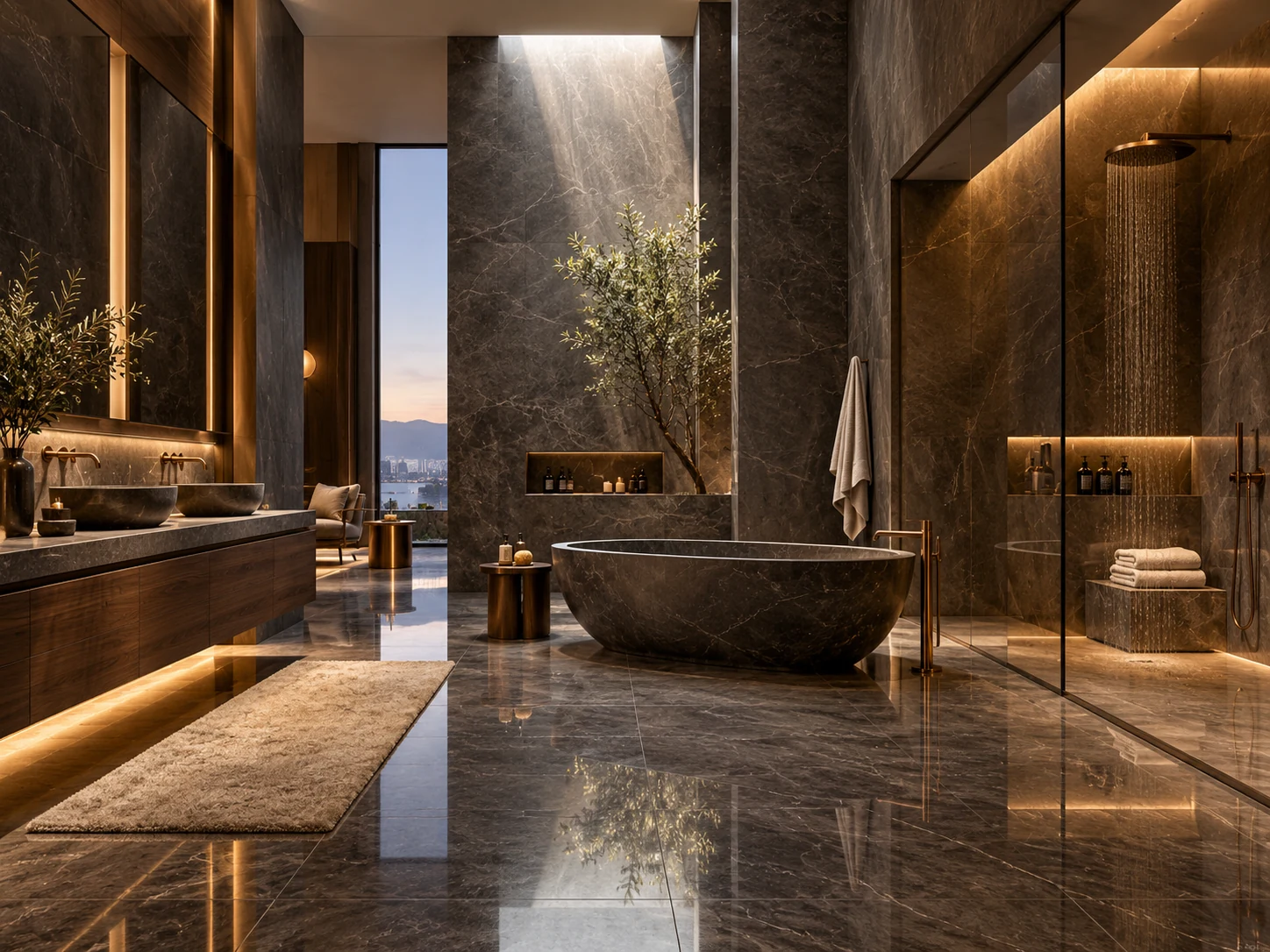 Dramatic dark porcelain spa with sculptural bath — design visualisation