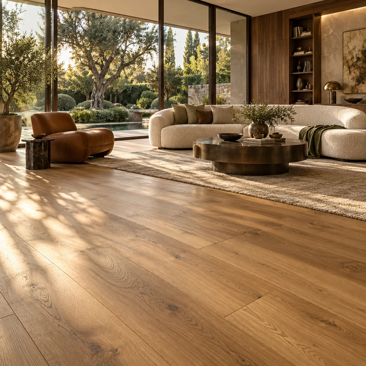 Luxury garden-facing living room with sunlit wide-plank oak-look flooring — design visualisation