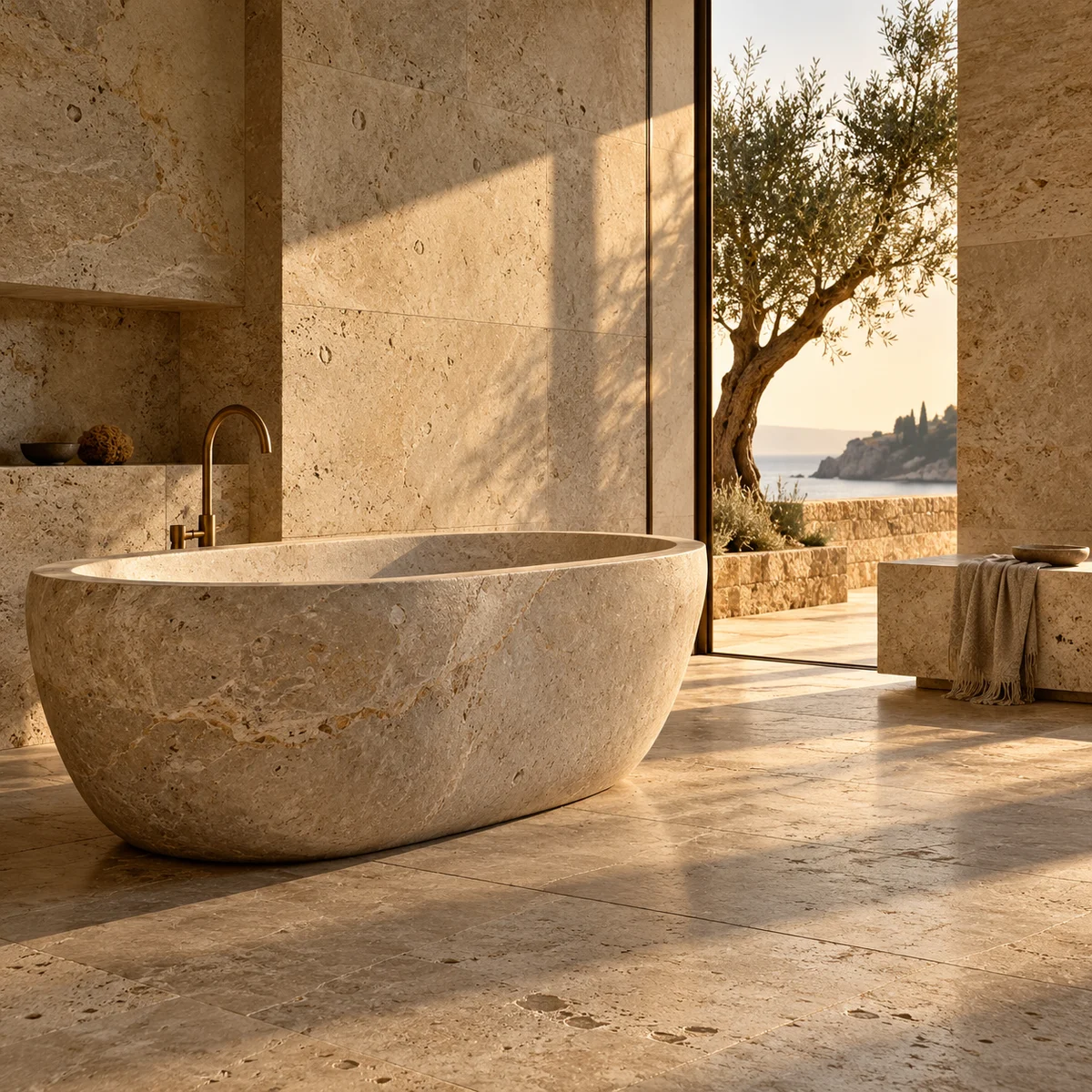Sunlit limestone spa with a sculptural stone bath and warm natural textures — design visualisation