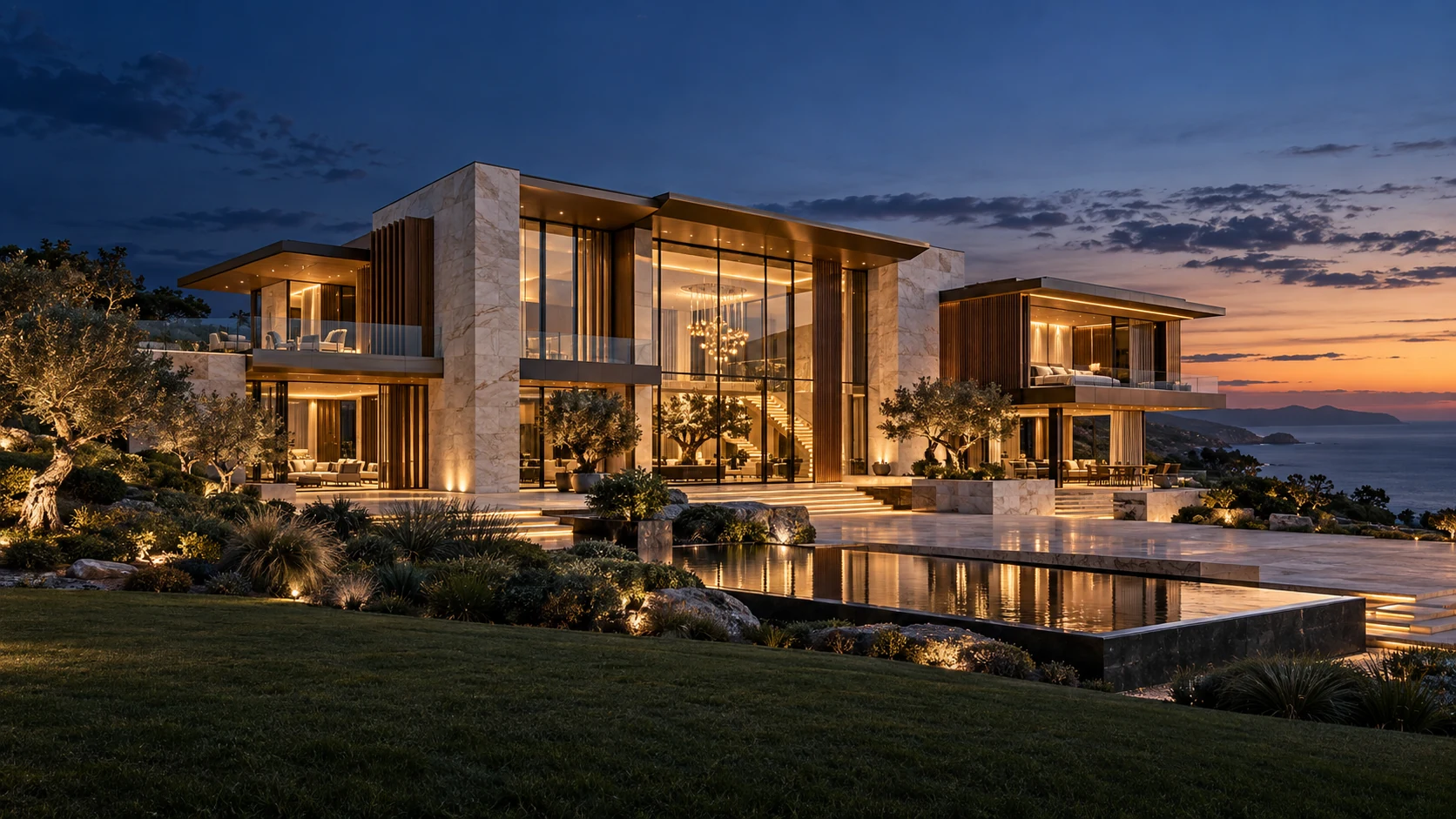 Architectural visualisation of a monumental coastal residence at dusk