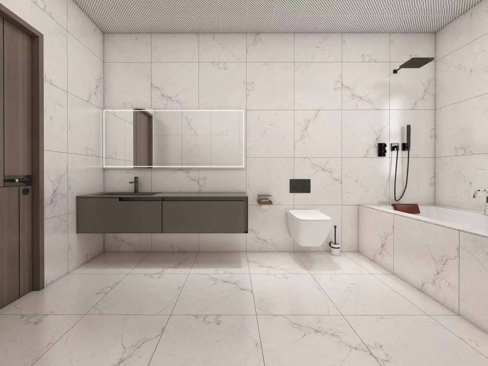White Calacatta-look bathroom with a grey floating vanity