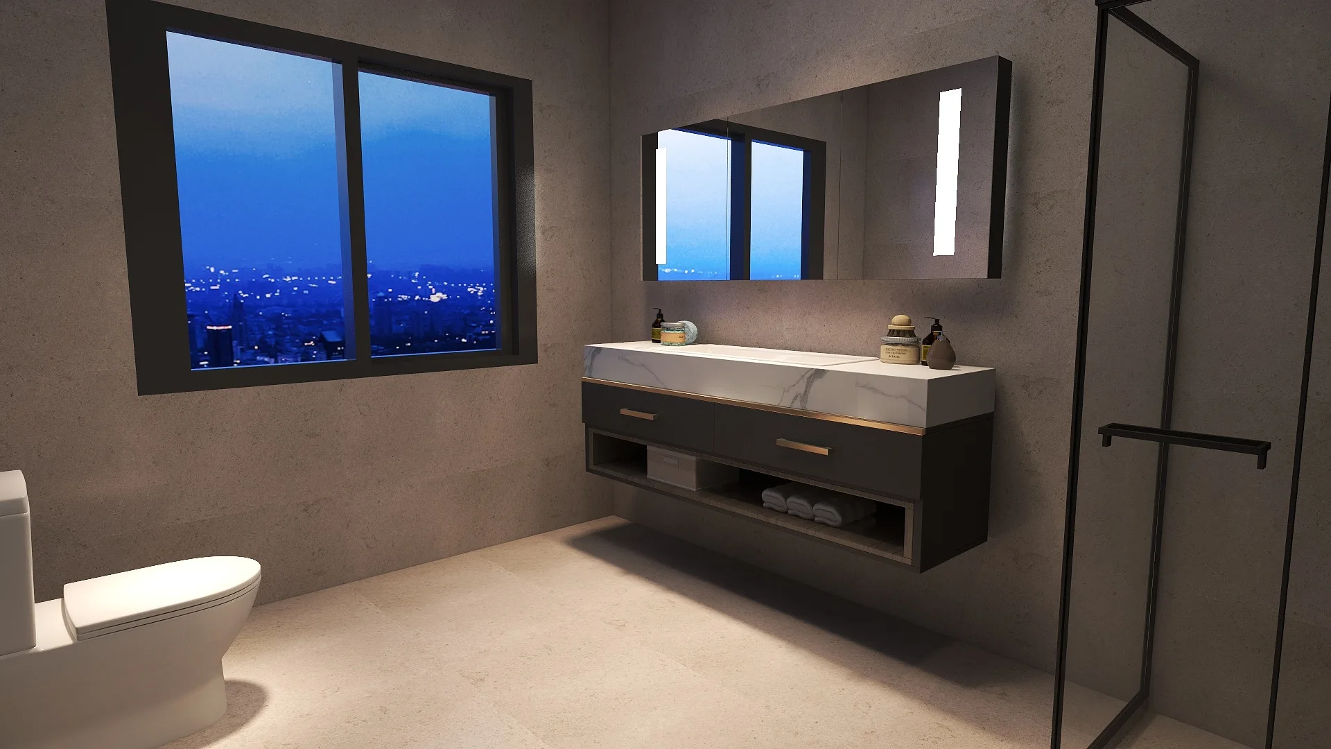 Warm beige tiled bathroom with a floating vanity and blue evening light