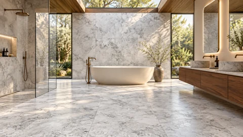 Grey and white marble bathroom visualisation with a skylight, freestanding bath and garden windows