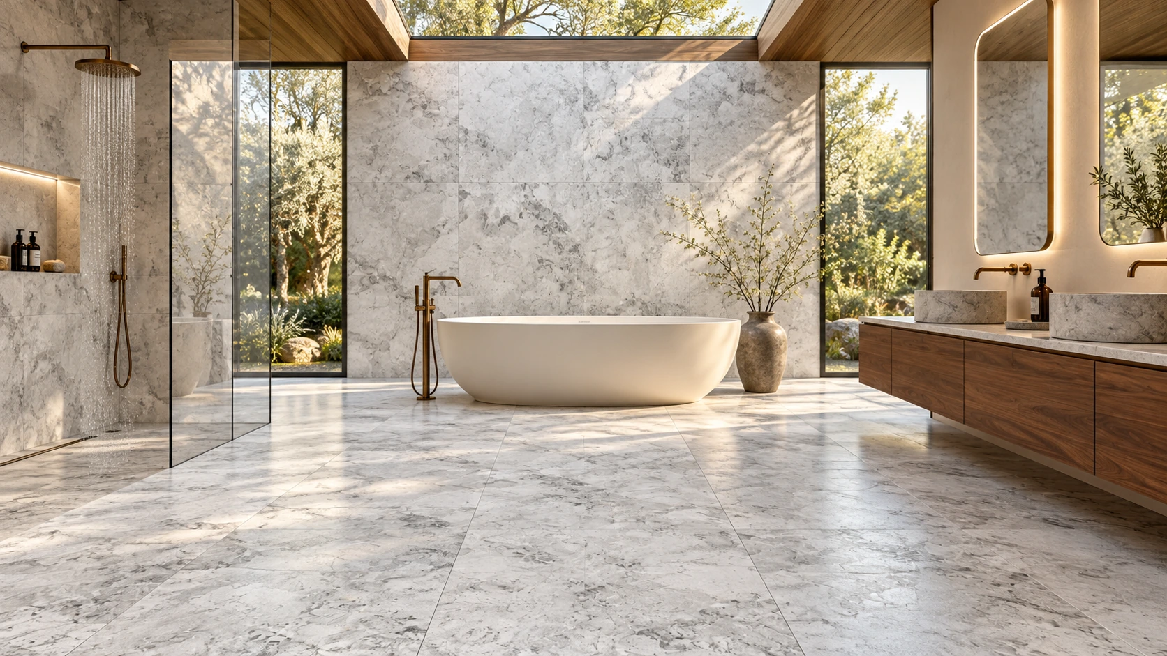 Grey and white marble bathroom visualisation with a skylight, freestanding bath and garden windows