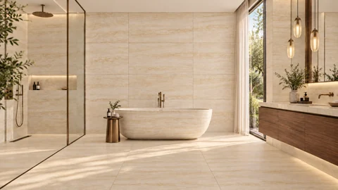 Golden travertine bathroom visualisation with wavy stone, a matching bath and glass pendants