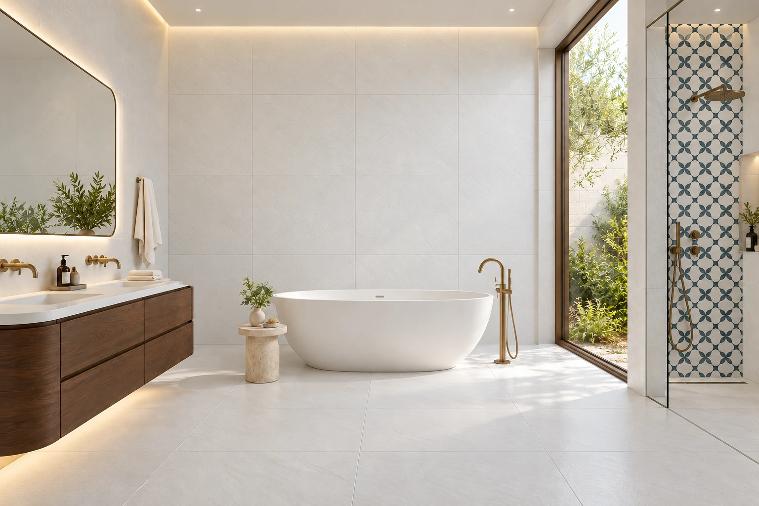 A white spa with walnut vanity and blue-and-white geometric porcelain inside the shower