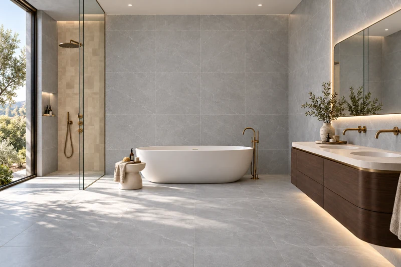 A grey spa with a timber vanity and wood-pattern porcelain on the shower feature wall
