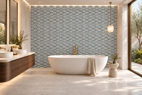 Bathroom visualisation with a blue-and-white geometric CT1910 feature wall behind a freestanding bath