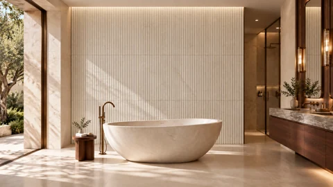 Ivory bathroom visualisation with a vertically fluted feature wall, stone bath and timber vanity