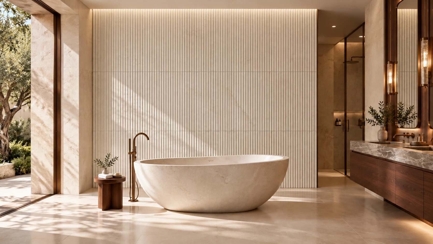 Ivory bathroom visualisation with a vertically fluted feature wall, stone bath and timber vanity