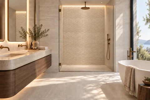 Warm ivory bathroom visualisation with sculpted CT1920 wave relief on the shower wall