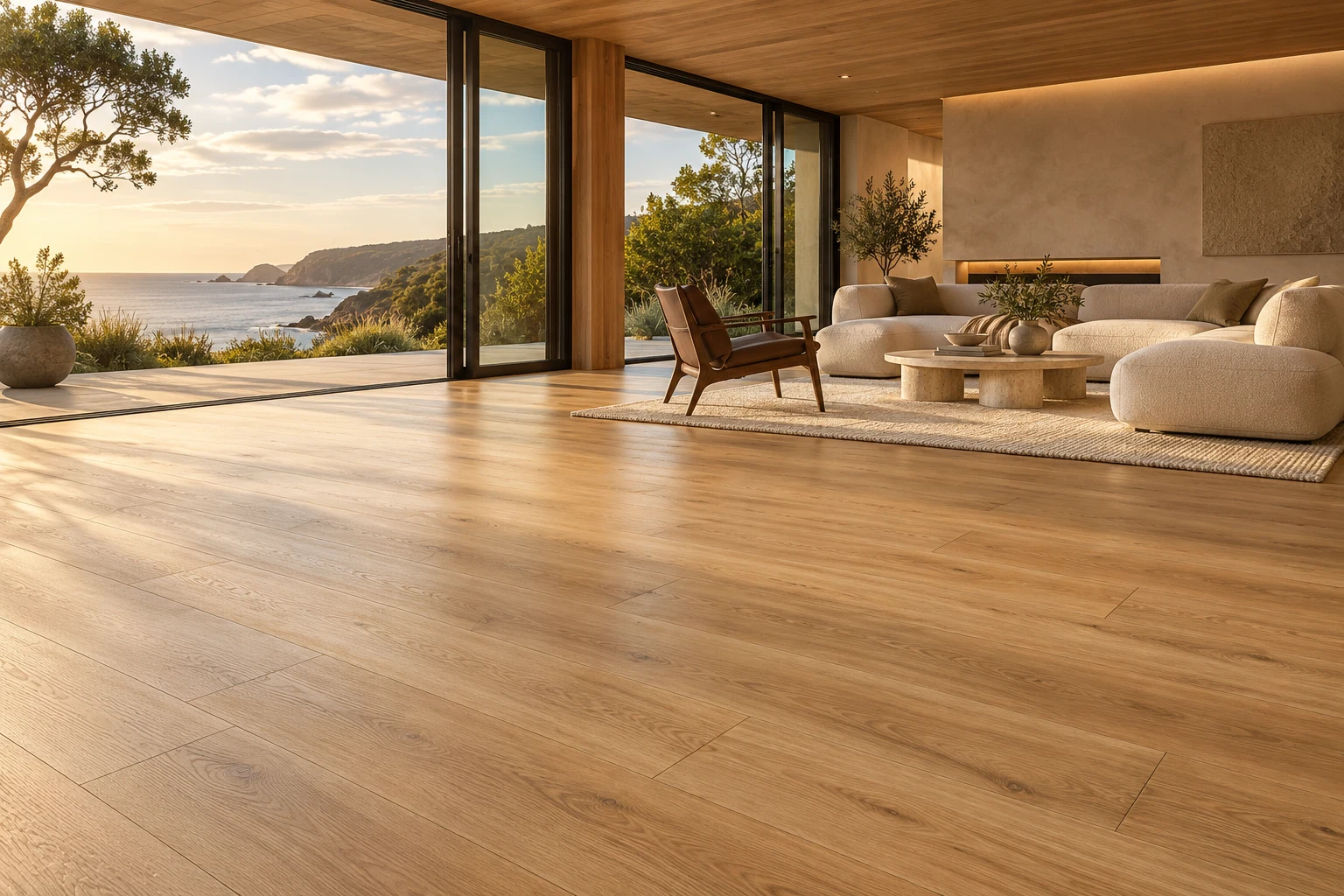 Architectural concept: a coastal living room with warm wood-look flooring and soft evening light
