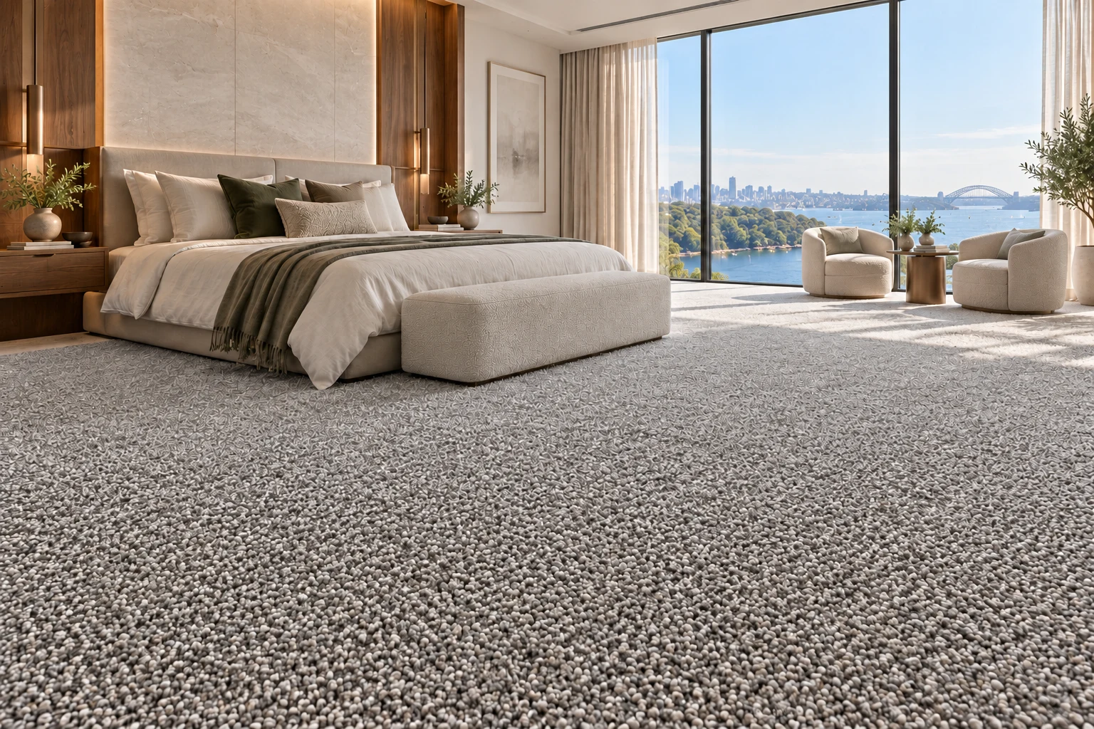 Architectural visualisation: Titan Silver Mist 55oz carpet in a luxurious interior